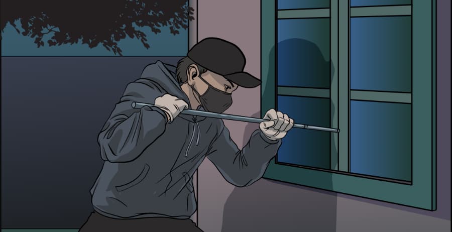 Illustration of burglar forcing entry through a window in Gulfport